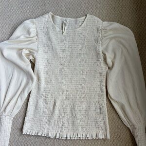 Anthropologie Cream Smocked Blouse with Puff Sleeves